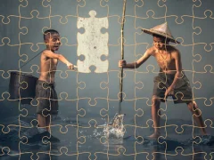 Mchezo Children Fishing Teamwork Jigsaw online